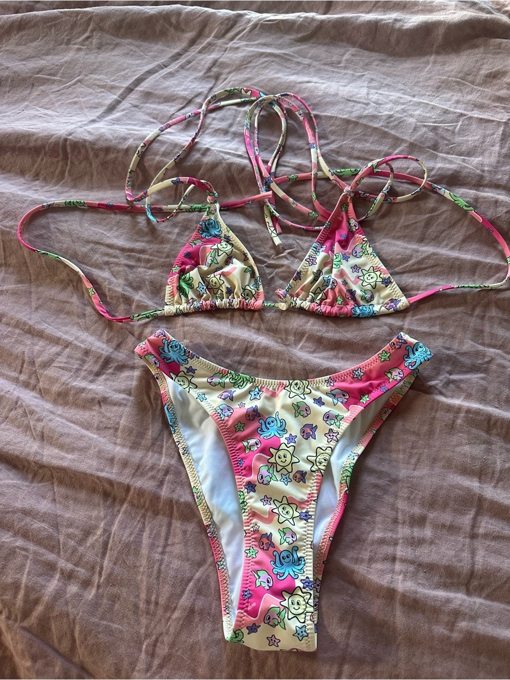 Heavy Manners Pink & Cream Floral Cartoon Print Triangle Bikini Set